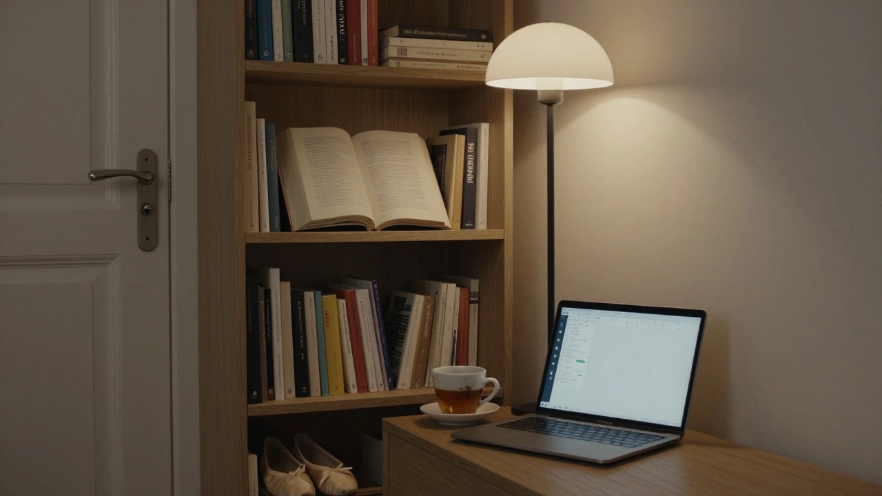 A cozy Paris apartment with books, tea, and a laptop on a bookshelf.