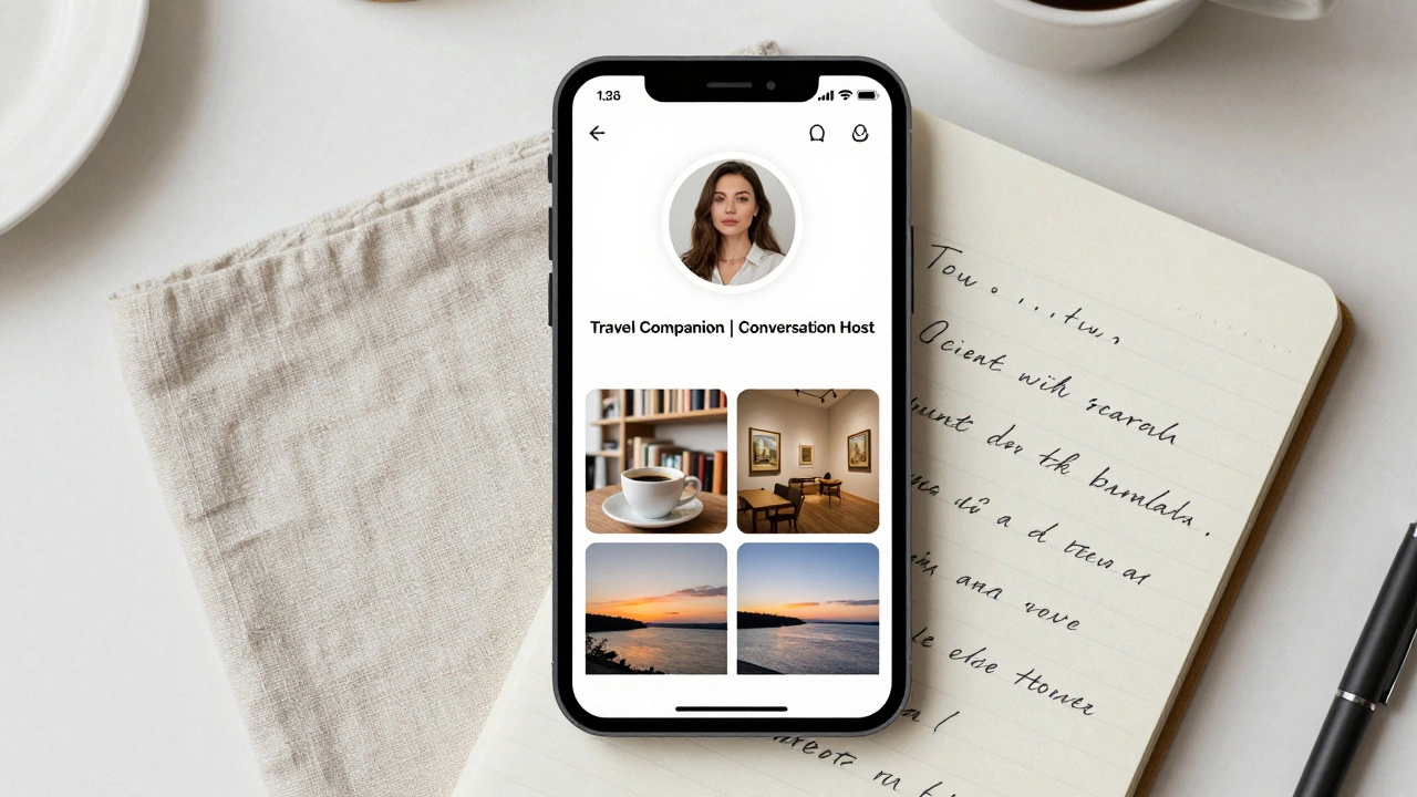 A smartphone displaying a professional Instagram profile for a companion service with non-nude, cultured imagery.