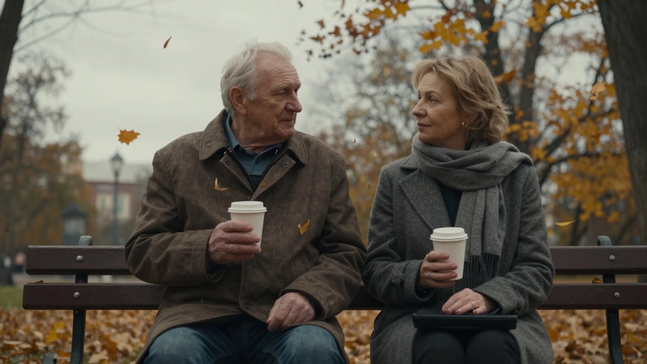 An elderly man and a woman walking together in a quiet park, sharing coffee and quiet companionship.