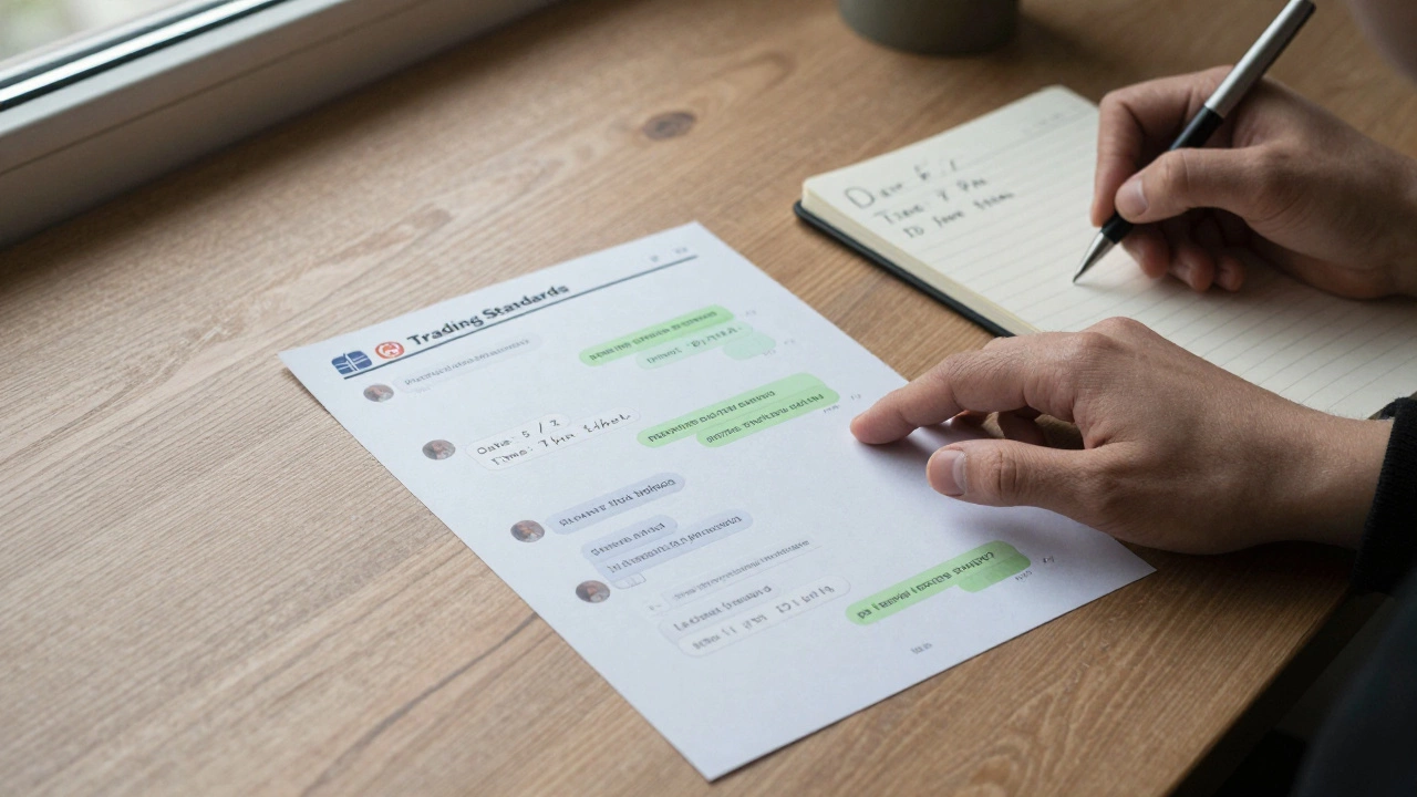 Hand placing booking screenshot and notes beside a pen, preparing to report a bad service experience.