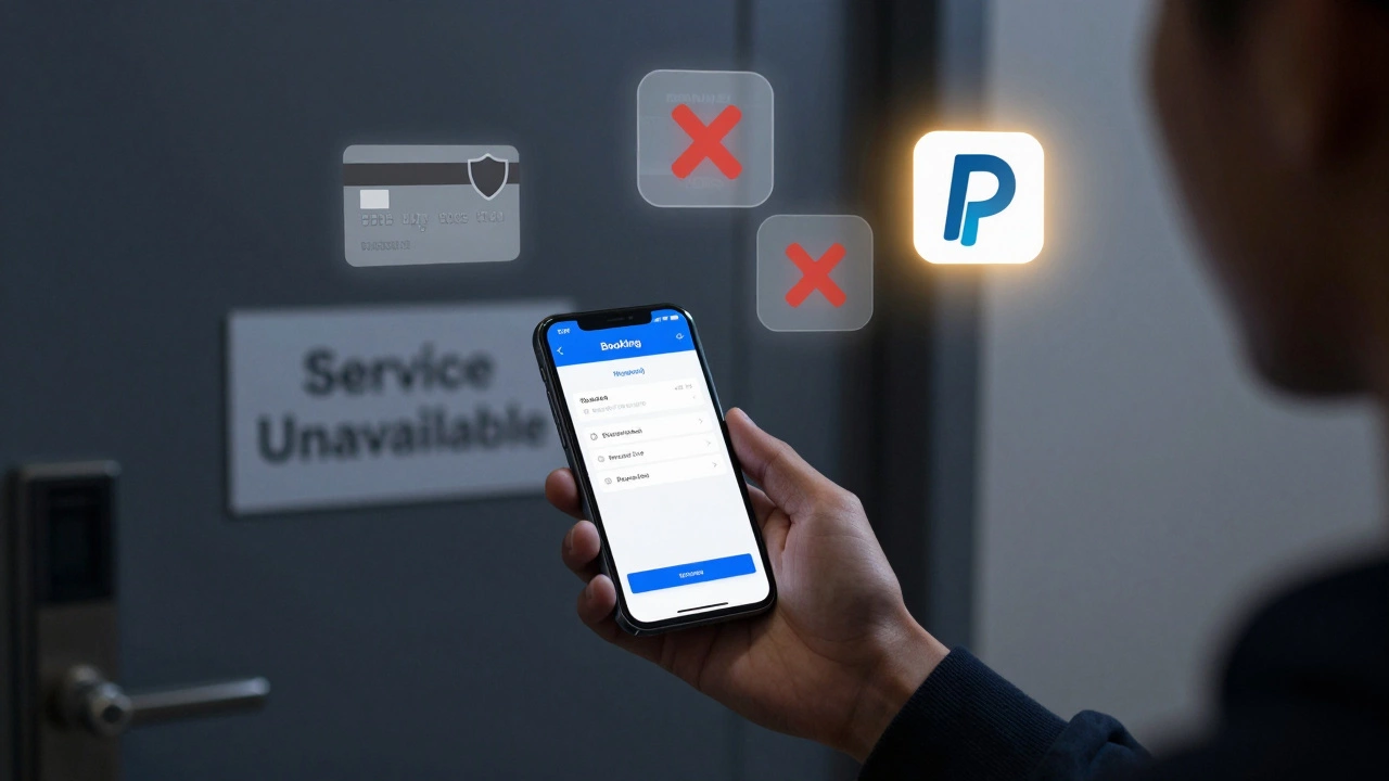 Individual comparing payment methods, with protected options highlighted and risky ones crossed out.
