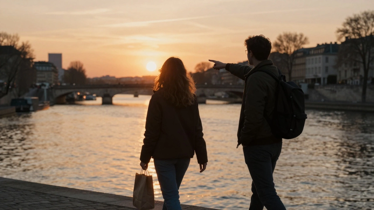 Two people walking along the Seine at sunset, sharing a quiet moment.